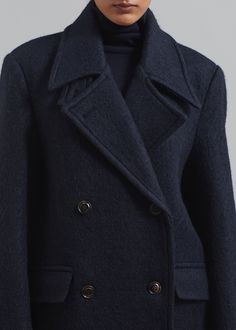 Color: Navy Midweight wool blend fabric Regular fit Notch lapels Front flap pockets Front button closure Lined 67% Wool 20% Polyamide 13% Alpaca Dry Clean By The Frankie Shop. Imported The Frankie Shop, Frankie Shop, Flap Pocket, Wool Coat, Alpaca, Wool Blend, Dry Clean, Wool, Navy