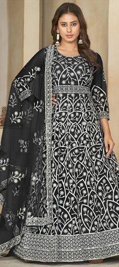 Black and Grey color Salwar Kameez in Net fabric with Embroidered, Resham, Thread work Black Churidar With Cutdana For Festive Occasion, Unstitched Black Churidar With Cutdana Details, Black Cutdana Churidar For Festive Occasions, Black Cutdana Churidar For Eid, Designer Black Anarkali Set With Cutdana, Festive Black Anarkali Set With Cutdana, Black Anarkali Set With Cutdana For Designer Wear, Black Churidar With Cutdana For Wedding, Black Floor-length Anarkali Set With Cutdana