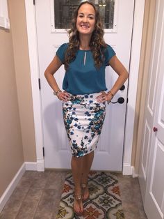 Here's one way to rock your LuLaRoe #cassie skirt!   #lularoe #cassieskirt #fashion    www.Facebook.com/LuLaRoeByKristenBarnes Neutral Sandals, Church Outfit, Lularoe Outfits, Teal Top, Vip Group