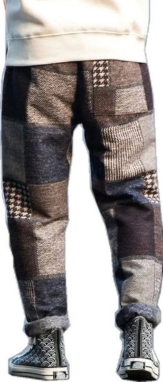 Patchwork Straight Pants For Fall, Casual Straight Patchwork Pants, Fall Patchwork Ankle-length Pants, Brown Patchwork Pants For Fall, Baggy Patchwork Pants With Tapered Leg, Baggy Patchwork Tapered Leg Pants, Winter Trousers With Patch Pockets, Winter Patchwork Straight Leg Bottoms, Casual Brown Patchwork Pants