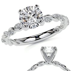 an engagement ring with a twisted band and a round diamond center stone in the middle