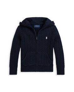 Polo Ralph Lauren Girls' Mini Cable Cotton Full Zip Hoodie - Little Kid Cable Knit Pattern, Girls Outerwear, Knit Pattern, Metallic Thread, Zip Sweater, Outerwear Sweater, Knit Patterns, Combed Cotton, Cable Knit