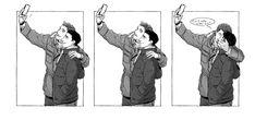 a comic strip with two men talking on cell phones and one man holding his head in the air