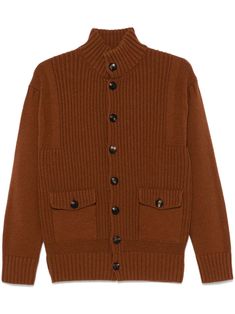 chocolate brown wool blend ribbed knit front button fastening stand-up collar long sleeves two side flap pockets straight hem Cardigan Brown, Rib Knit Cardigan, Brown Cardigan, Collar Cardigan, Knitwear Men, White Cardigan, Short Suit, Knitwear Cardigan, Sweaters Knitwear