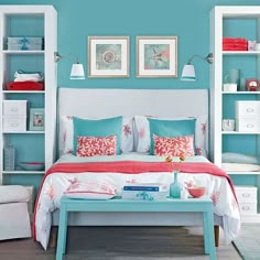 a bed room with blue walls and white furniture on the bottom row is an ad for behroom color schemes