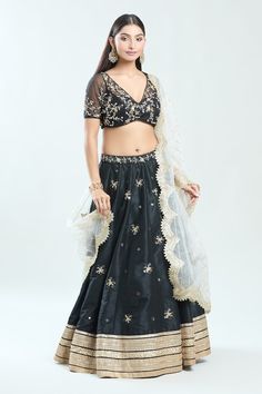 Black lehenga featuring mirror, sequin and bead floral hand embroidery with gold lace detailed ghera hem. Paired with a hand embroidered blouse and an ivory scallop hem dupatta. - Aza Fashions Floral Hand Embroidery, Lehenga Pattern, Black Lehenga, Floral Lehenga, Lehenga Blouse, Scallop Hem, Beaded Neckline, Gold Lace, Sequin Beading