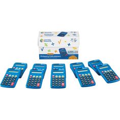 six blue calculators sitting on top of each other in front of a box