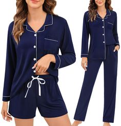 PRICES MAY VARY. SUPER COMFORTABLE PAJAMAS: Soft pajamas set is made of Modal (95% Rayon and 5% Spandex) fabric, which is ultra soft, lightweight and stretchy.Women 3pcs pj set, short sleeve sleepwear top with pajama shorts set and long lounge pants set, featuring classic casual lounge set style, soft, lightweight, for a relaxing day or night. 3 PCS PAJAMA SET FOR WOMEN: Comfy sets for women featuring classic sleepwear style. Women's pjs sets comes with comfy short sleeve pajamas shirt, pajama shorts, a pair of drawstring elastic waist pants.Classic short sleeve modal pajama set, you can match this sleepwear in differnt way to meet your needs all year around. SHORT SLEEVE BUTTON FRONT TOPS: ♥Lounge sets for women with notch collar, button down sleepshirt and one chest pocket design.This bu Christmas Pajamas Women, Button Down Pajamas, Lounge Sets For Women, Long Lounge, Pajamas Shirt, Navy Christmas, Womens Christmas Pajamas, Womens Pjs, Bridesmaid Pyjamas