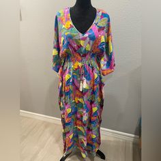 Nwt, Entro Brand, Size Med, Elastic Waist With Drawstring & Tassels, Maxi Dress Tropical Multicolor Dress For Day Out, Casual Multicolor Print Maxi Dress For Brunch, Pink Casual Free Size Maxi Dress, Beach Rayon Maxi Dress With Tie Waist, Casual Pink Free Size Maxi Dress, Multicolor Printed Rayon Maxi Dress, Pink Vibrant Print Dress For Beach Cover-up, Colorful Short Sleeve Beach Dresses, Multicolor Casual Tunic Beach Dress