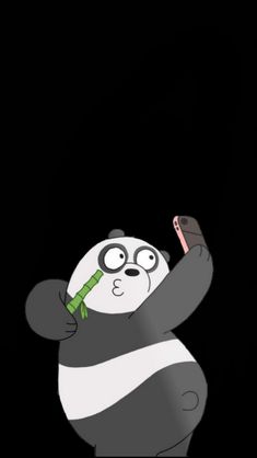 a cartoon panda holding a cell phone in the dark