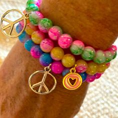 New Super Cute Set Of Three Bright Boho Festival Peace And Heart Bracelets Approximate 6 Stretch Playful Multicolor Heart-shaped Bracelets, Bead Name Bracelets, Heart Bracelets, Tie Dye Nails, Name Bracelets, Bright Boho, Enamel Bangle, Bead Bangles, Bohemian Bracelets