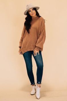 This oversized knit sweater is a fall and winter dream! With cozy ribbed material, exposed seams, and long length, she's ideal for styling up with skinnies and booties, or dressing down at home with leggings and fuzzy slippers! 56% Cotton 38% Acrylic 6% Nylon SIZING: Brunette Model is 5'7" wears a size 2 and is modeling the size small. Blonde Model is 5'4" wears a size 5 and is modeling the size small. Small 4-6 Medium 8-10 Large 12-14 X-Large 16-18 MEASUREMENTS: SIZE BUST SLEEVE FRONT RISE Smal Winter Dream, Oversized Knit Sweater, Brunette Models, Camel Sweaters, Blonde Model, Fuzzy Slippers, Exposed Seams, Long Length, Fall And Winter