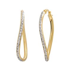 Adorned with a figure 8 design lined with Diamond Mystique stones, a dazzling combination of diamonds and crystallized diamond dust, these hoop earrings make a stunning pair.EARRING DETAILSLength: 1.5 in.Backings: click-itMetal: 18k gold over sterling silverDIAMOND MYSTIQUE DETAILSDiamond equivalent total weight: less than 1/10 ct.Shape: single cutColor grade: H-IClarity: I2Diamond equivalent carat (ct.) Total Weight (T.W.) represents the approximate total weight of diamonds of equivalent appear Modern Gold Hoop Earrings With Pave Setting, Gold Sparkling Diamond Hoop Earrings, Gold Hoop Diamond Earrings With Accents, Gold Sparkling Hoop Earrings For Formal Occasions, Gold Sparkling Hoop Earrings For Formal Events, Elegant Sparkling Hoop Earrings For Anniversary, Formal Gold Sparkling Hoop Earrings, Glamorous Yellow Gold Hoop Earrings For Formal Occasions, Glamorous Yellow Gold Hoop Earrings For Formal Events