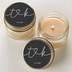 * Personalize with any 2 initials and 2 lines of text  * Vanilla scented * 3oz. mini mason jar candle with twist top lid * Jar measures approximately 2.75 W x 2.5 H * Sweet vanilla scented premium soy/paraffin wax blend * Average 22- 24 hour burn time * Minor assembly required- stickers do not come adhered to candles * These containers are NOT mason or ball brand jars * Imported Give your guests the romance and beauty of flickering candle light with our Drawn Together By Love Personalized Wedding Mason Jar Candle Favors. These candles are perfectly sized to make a great thank you gift for your guests. Greenery Wedding Favors, Wedding Gift Favors For Guests, Spring Wedding Favors For Guests, Wedding Giveaways Ideas For Guests, Cricut Wedding Favors, Wedding Favors For Guests Elegant, Wedding Souvenirs For Guests Unique, Mason Jar Candles Wedding, Mason Jar Candle Favors