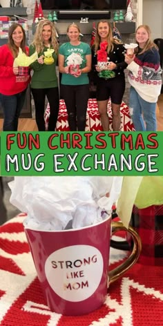 group of girls standing in front of christmas mugs with text overlay reading fun christmas mug exchange