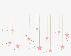 pink and gold stars hanging from strings against a white background with space for the text