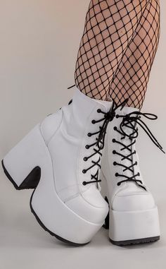 CAMEL-203 White Ankle Boots-Demonia-Tragic Beautiful Punk Festival, Demonia Boots, Demonia Shoes, White Ankle Boots, Platform Boots Chunky, Goth Punk, Chunky Platform, 5 Inch Heels, Creepers