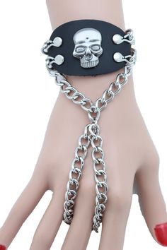 Biker Style Punk Rock Fashion Bracelet Style : Goth bold fashion / Slave bracelet style Condition : Brand New Color : Silver metal chain and charm + black faux leather fabric Size: One Size - Adjustable with extension chain Ring Size: One Size Fits All Adjustable Silver Punk Chain Bracelet, Edgy Adjustable Metal Chain Bracelet, Adjustable Edgy Metal Chain Bracelet, Adjustable Punk Bracelets For Biker Events, Punk Silver Leather Skull Bracelet, Silver Skull Leather Bracelet In Punk Style, Adjustable Metal Punk Chain Bracelet, Metal Punk Style Chain Bracelet, Adjustable Metal Chain Bracelet, Punk Style