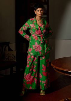 Paulmi & Harsh-Green Full Blooming Floral Blazer And Pant-INDIASPOPUP.COM Green Festive Pant Set For Spring, Green Fitted Designer Pant Set, Spring Green Silk Palazzo Set, Festive Green Silk Pant Set, Designer Green Sequined Palazzo Set, Festive Floral Print Pants, Spring Green Bandhgala With Resham Embroidery, Green Bollywood Pant Set With Resham Embroidery, Festive Spring Palazzo Set