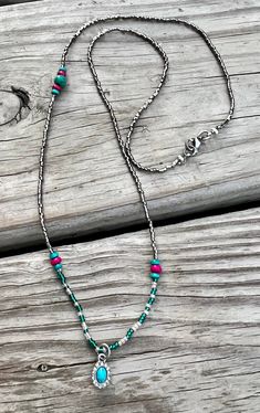 25 1/2 inches Stainless steel clasp Turquoise Beaded Chain Necklace For Summer, Beach Jewelry With Tiny Beads, Multi-strand, Turquoise Necklace With Silver Round Beads, Turquoise Beaded Necklace For Summer, Turquoise Beaded Lariat Jewelry, Turquoise Heishi Beads Jewelry With Beaded Chain, Adjustable Silver Jewelry With Colorful Beads, Adjustable Beaded Turquoise Pendant Necklace, Pink Artisan Beaded Jewelry