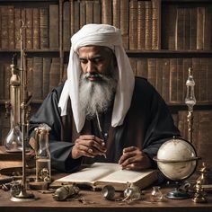 an old man sitting at a desk in front of books