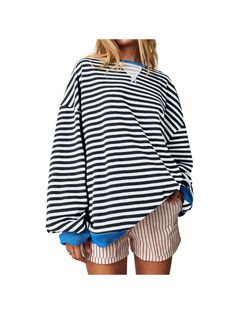 Black Casual Collar   Colorblock,Striped Pullovers Embellished   Women Clothing Trendy Oversized Striped Sweater, Relaxed Fit Crew Neck Top With Striped Cuffs, Oversized Striped Long Sleeve Sweater, Oversized Top With Striped Hem, Relaxed Fit Sweater With Contrast Stripes For Spring, Oversized Tops With Striped Hem For Spring, Spring Relaxed Fit Contrast Stripes Sweater, Spring Contrast Stripes Relaxed Fit Sweater, Spring Contrast Stripes Relaxed Sweater