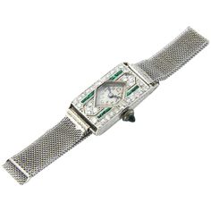 Antique Art Deco Glycine Watch featuring a platinum case with a diamond shaped face and channel set emeralds and prong set diamonds on a platinum mesh band. Glycine Swiss movement. Measurement below is the case with out stem. Glycine Watch, Diamond Shaped Face, Emerald Art Deco, Emerald Art, Art Deco Watch, Diving Watch, Diamond Face Shape, Diamond Watches, Watch Clock