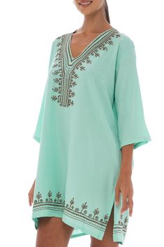 This soft, custom embroidered black boho tunic dress will quickly become your favorite go-to beach dress! Wear it as a swimsuit cover up or a tunic top over leggings. Embroidery accents on the V-neck and hem of this bohemian inspired beach cover up, give it an artistic look of sophistication. Wear it loose or belted. As a flowy sundress, resort wear, or over leggings for everyday wear. Pair it with sandals or flats, and you’ve got a pulled together, stylish look. Comfortable 3/4 length sleeves keep you cool on hot days while providing arm coverage. Side slits at the hem give you ease of movement. Made of 100% soft, breathable rayon, you’ll stay cool and comfortable on hot summer days. Easy to wash and hang dry, it’s perfect for travel. You’ll get so much wear out of this colorful summer dr Sundress Beach, Brown Swimsuit, Flowy Sundress, Boho Tunic Dress, Loungewear Dresses, Tunic Tops Casual, Black Boho, Casual Tunics, Aqua Dress