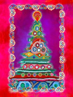 a colorful christmas tree on a red and purple background with circles around the base, in an ornate frame