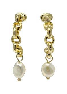 As they curve around the earlobe, these charming earrings dangle from a delicate and elegant 18k gold plated chain, the 1/" drop shows off a baroque freshwater pearl to make these earrings the perfect choice for day or evening. Size is 4" x 3.15" Earrings In Gold, Gold Plated Chains, Chain Earrings, Earrings Dangle, Summer Essentials, Handbag Accessories, Freshwater Pearls, Pearl Earrings, Gold Tones