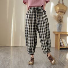 Details: Gender: Women Item Type: Pants Material: Cotton Linen Season: Spring, Autumn Pattern: Plaid Style: Casual, Loose, Retro Waist Type: Elastic Waist Size: One Size Waist: 70.00 - 100.00 cm/ 27.56 - 39.37 " Length: 81.00 cm/ 31.89 " Hip: 156.00 cm/ 61.42 " Thigh: 84.00 cm/ 33.07 " Bottom: 42.00 cm/ 16.54 " Harem Pants Women, Plaid Fashion, Linen Pants, Suits You, Cotton Linen, Tartan, Harem Pants, Boho Fashion, How To Look Better