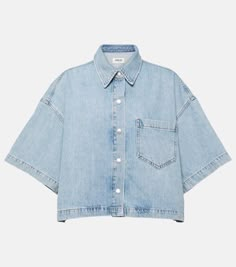 Rona Box cropped denim shirt in blue - Agolde | Mytheresa Womans Denim Shirts, Luxury Blue Button-up Denim Top, Chic Denim Top, Denim Shirts For Women Casual, Cropped Denim Shirt, Short Sleeve Denim Shirt, Couture Looks, Denim Ideas, Denim Shirts