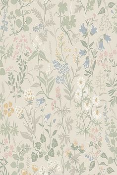 a floral wallpaper with many different flowers and leaves in pastel colors on a beige background