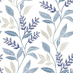 a blue and white wallpaper with leaves on it