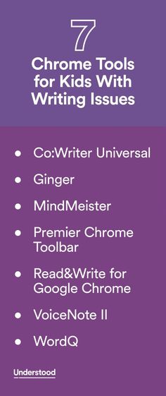 the text on top of a purple background reads,'7 chrome tools for kids with writing issues '