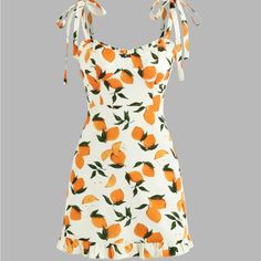 Brand New, Never Worn. Orange Sundress For Summer Brunch, Casual Apricot Dress For Party, Orange Ruffled Sundress For Vacation, Fruit Print Dress For Day Out, Orange Mini Length Summer Dress, Orange Lined Mini Dress For Summer, Chic Orange Mini Dress For Summer, Lined Orange Mini Dress For Summer, Summer Fruit Print Dress For Day Out