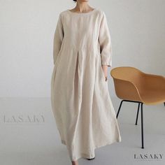 Lasaky - Loose-fit Cotton and Linen Round-neck Sweater Dress in Solid Color with Knee-length Hem and Flared Skirt Cotton Linen Dresses, Oversize Women, Linen Maxi Dress, Women Long Dresses, Long Sleeve Midi Dress, Pocket Dress, Summer Cotton, Types Of Skirts, Linen Dress