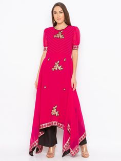 Indian/Pakistani Handmade Party Wear Ethnic Plus Size Pink Embroidered Readymade Asymmetrical Ready to Wear Stitched Georgette Kurta Indian Summer Wear Kurta / Indian Ethnic Kurti / Plus Size Net Kurta Dress Traditional Indian Wear / Festival Wear Designer / Party Wear Kurti / Women's Top / Ladies Shirt The set contains: 1 Kurta Kurta: pink Georgette asymmetrical long kurta with thread nad zari embroidered detail on upper body... elbow length sleeves gathered with fitted printed cuff at sleeves edge.printed border on the asymmetrical hemline with embr of resham and zari in the front..and peek a boo neckline at the back with black piping around it. Sleeve length : short sleeve Kurta Fabric: Georgette Fabric Care : Hand wash *Kurta Length : 48 inches* *We also provide customization of the ou Embellished Straight Kurta For Navratri, Pink Anarkali Kaftan For Navratri, Festive Zari Work Georgette Kaftan, Festival Embellished Straight Kurta, Festive Resham Embroidered Georgette Kaftan, Pink Anarkali Kaftan For Festive Occasions, Diwali Georgette Kaftan With Resham Embroidery, Georgette Kaftan With Resham Embroidery, Festive Resham Embroidery Georgette Kaftan