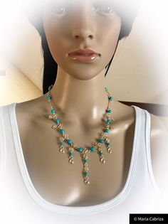 Jewelry - Handmade Jewelry - Gold and turquoise Jewelry Set - Wire wrapped Jewelry - Turquoise glass Elegant Turquoise Wire Wrapped Beaded Necklace, Elegant Turquoise Dangle Necklace, Handmade Turquoise Dangle Necklace, Turquoise Czech Glass Beaded Chain Jewelry, Turquoise Czech Glass Dangle Jewelry, Wire Wrapped Czech Glass Dangle Necklaces, Elegant Handmade Adjustable Turquoise Necklace, Turquoise Dangling Beads Czech Glass Jewelry, Turquoise Czech Glass Jewelry With Dangling Beads