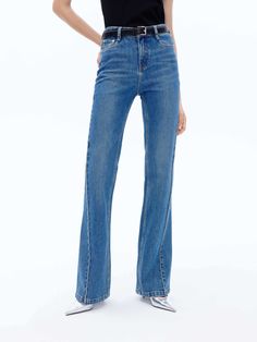 Mid-rise Waist Flared Jeans Mid-rise Blue Flare Jeans With Contrast Stitching, Blue Mid-rise Flare Jeans With Contrast Stitching, Blue Wide Leg Flares With Five Pockets, Fitted Straight Leg Bottoms With Seam Detailing, Chic Straight Bottoms With Pockets, Classic Mid-rise Bottoms With Seam Detailing, Casual Flare Jeans With Belt Loops, Stretch Flare Jeans With Belt Loops, Classic Flare Pants With Pockets