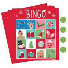 three christmas cards with the word bingo written on them and pictures of holiday items