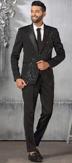 Black and Grey color 2 Piece Suit (with shirt) in Satin Silk fabric with Bugle Beads work Festive Cotton Suits For Formal Occasions, Festive Formal Cotton Suits, Festive Cotton Formal Suits, Semi-formal Embellished Black Sets, Black Embellished Sets For Semi-formal Occasions, Black Embroidered Suits For Semi-formal Occasions, Black Embroidered Suit For Semi-formal Events, Black Embroidered Semi-formal Suit, Black Embellished Long Sleeve Sets