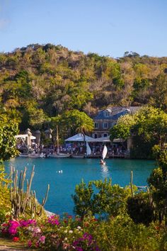 a lake surrounded by lush green trees and flowers next to a hillside covered in greenery