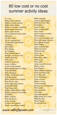 a yellow and white poster with the words, 30 low cost or no cost summer activity ideas