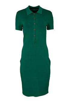 Stay cool, comfortable, and stylish in this Yigal Azrouel midi dress! The Kelly green color adds a pop of fun to your wardrobe, while the short sleeves and collared neckline keep it versatile. Perfect for a weekend outing, pair it with slide sandals and a mini bag for effortless style. Size M 87% Rayon, 12% Nylon, 1% Spandex Unlined Quarter button front Collar neckline Short sleeve Bust 34" Waist 16" Shoulder to hem 40.5" Sleeve length 7.5' Casual Green Midi Dress With Buttons, Green Casual Midi Dress For Work, Casual Short Sleeve Polo Dress For Work, Green Knee-length Casual Shirt Dress, Casual Green Knee-length Shirt Dress, Green Fitted Midi Shirt Dress, Spring Short Sleeve Polo Dress For Work, Green Collared Midi Dress For Day Out, Green Fitted Shirt Dress For Work