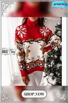 Loose Christmas Winter Turtleneck Elk Knitted Sweater Fall Nordic Knit Tops, Nordic Knit Tops For Fall, Nordic Style Knitted Tops For Fall, Casual Christmas Sweater For Festive Occasions, Christmas Long Sleeve Knit Top, Winter Festive Long Sleeve Tops, Festive Long Sleeve Winter Sweater, Casual Knitted Holiday Sweater, Holiday Long Sleeve Knitted Sweater