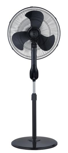 a black fan sitting on top of a metal stand