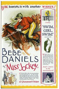 an advertisement for the bebe daniels miss jockey, featuring a woman riding a horse