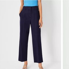 Topped With A Flattering High Waist, Our Pleated Chino Straight Ankle Pants Have Go-Anywhere, Anytime Style. Front Zip With Double Hook-And-Bar Closure. Belt Loops. Button Waist Tabs. Front Pleats. Front Off-Seam Pockets. Back Patch Pockets. Fit Fit: Tailored & Fitted Rise High Rise: Sits 1/2" To 1" Below Natural Waist Length Hits At Ankle: 27" Inseam With 18" Leg Opening Leg Shape Leg Shape: Straight A Leg-Skimming Shape With Tailored, Timeless Versatility Fabric & Care 98% Cotton, 2% Elastane; Navy Pants For Business Casual In Spring, Blue Ankle-length Wide Leg Pants For Business Casual, Blue Straight Pants For Office Wear, Navy Bottoms For Office Wear In Spring, Navy Office Bottoms For Spring, Blue Wide Leg Pants For Fall Workwear, Spring Blue Office Pants, Blue Ankle-length Wide Leg Office Pants, Blue Wide Leg Ankle-length Pants For Work