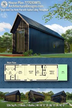 two story house plans with lofts and living quarters are shown in three different views